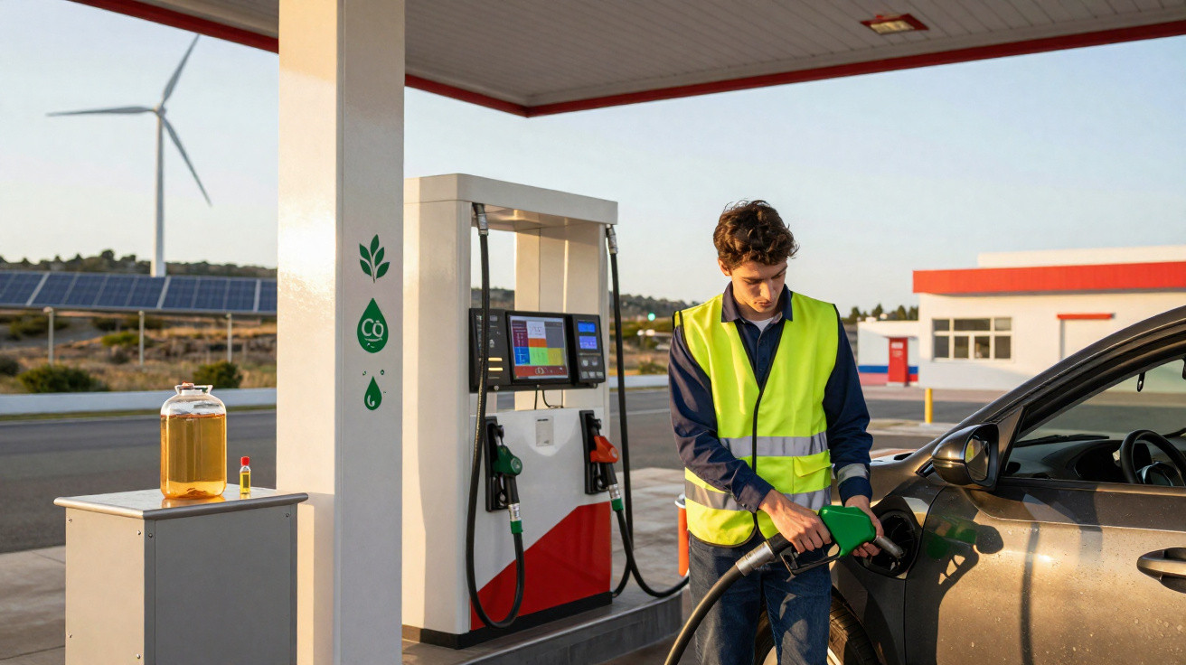 Mann mit Warnweste tankt an nachhaltiger Tankstelle mit Windrad und Solaranlage im Hintergrund.