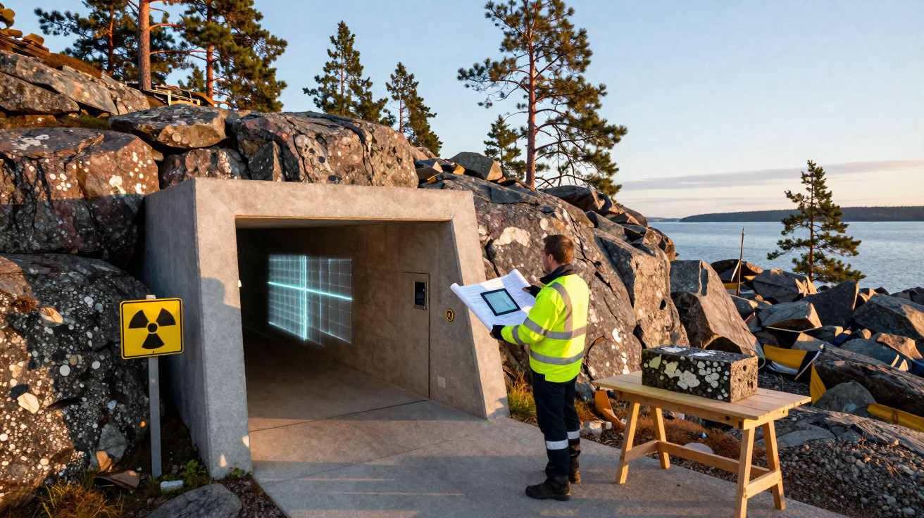 Mann in Warnweste vor betoniertem Stollen mit Strahlenwarnschild, Felsen und See im Hintergrund bei Sonnenuntergang.
