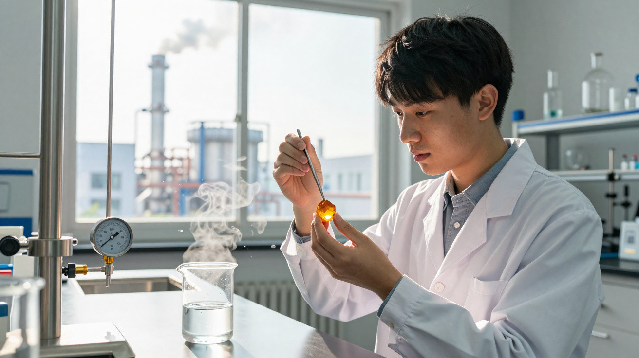 Junger Wissenschaftler im Labor untersucht dampfendes, orangefarbenes Objekt mit Pinzette.