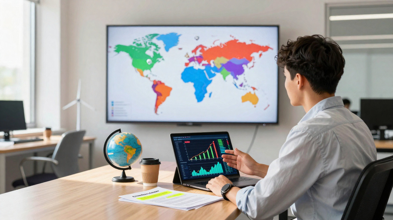 Mann analysiert Finanzdaten auf Tablet, Weltkarte an Wand, Globus und Dokumente auf Büro-Tisch.