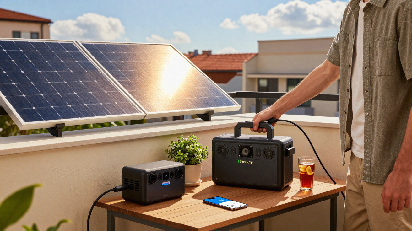 Person bedient Solargenerator auf Balkon mit Solarpanels, Smartphone und Getränk auf Tisch.