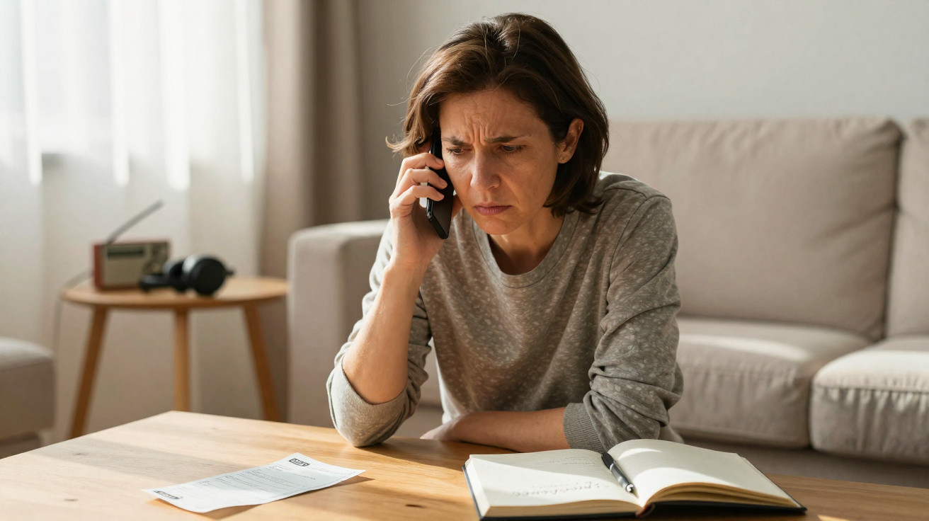 Frau mit besorgtem Gesichtsausdruck telefoniert zu Hause am Tisch mit Notizbuch und Dokument vor sich.