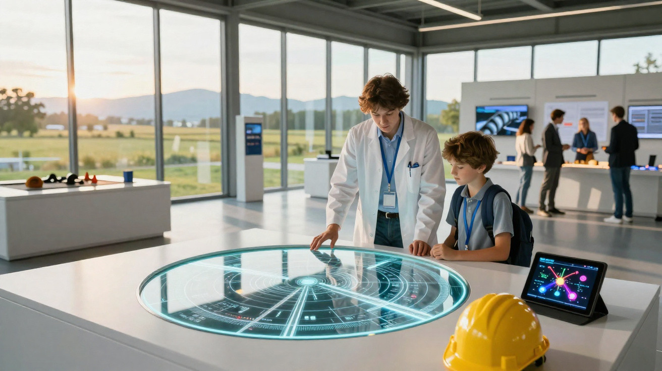 Zwei Jungen erkunden interaktive Technologie in einem modernen, lichtdurchfluteten Ausstellungsraum mit Panoramablick.