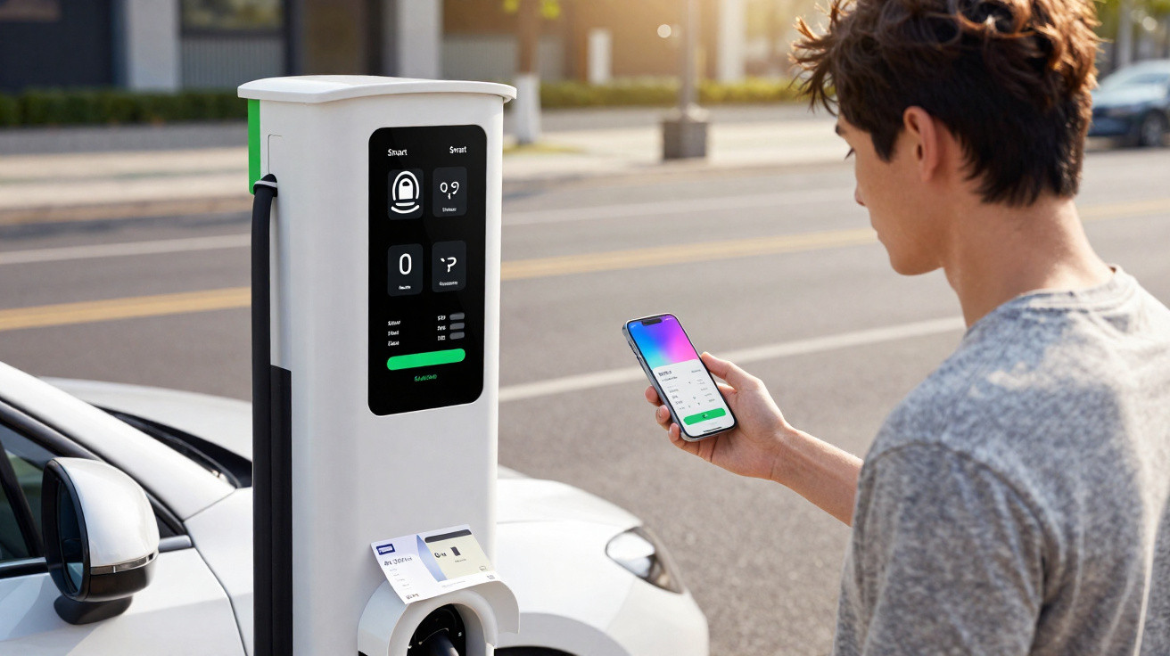Mann nutzt Smartphone an einer Ladestation für Elektroautos auf öffentlicher Straße bei Tageslicht.