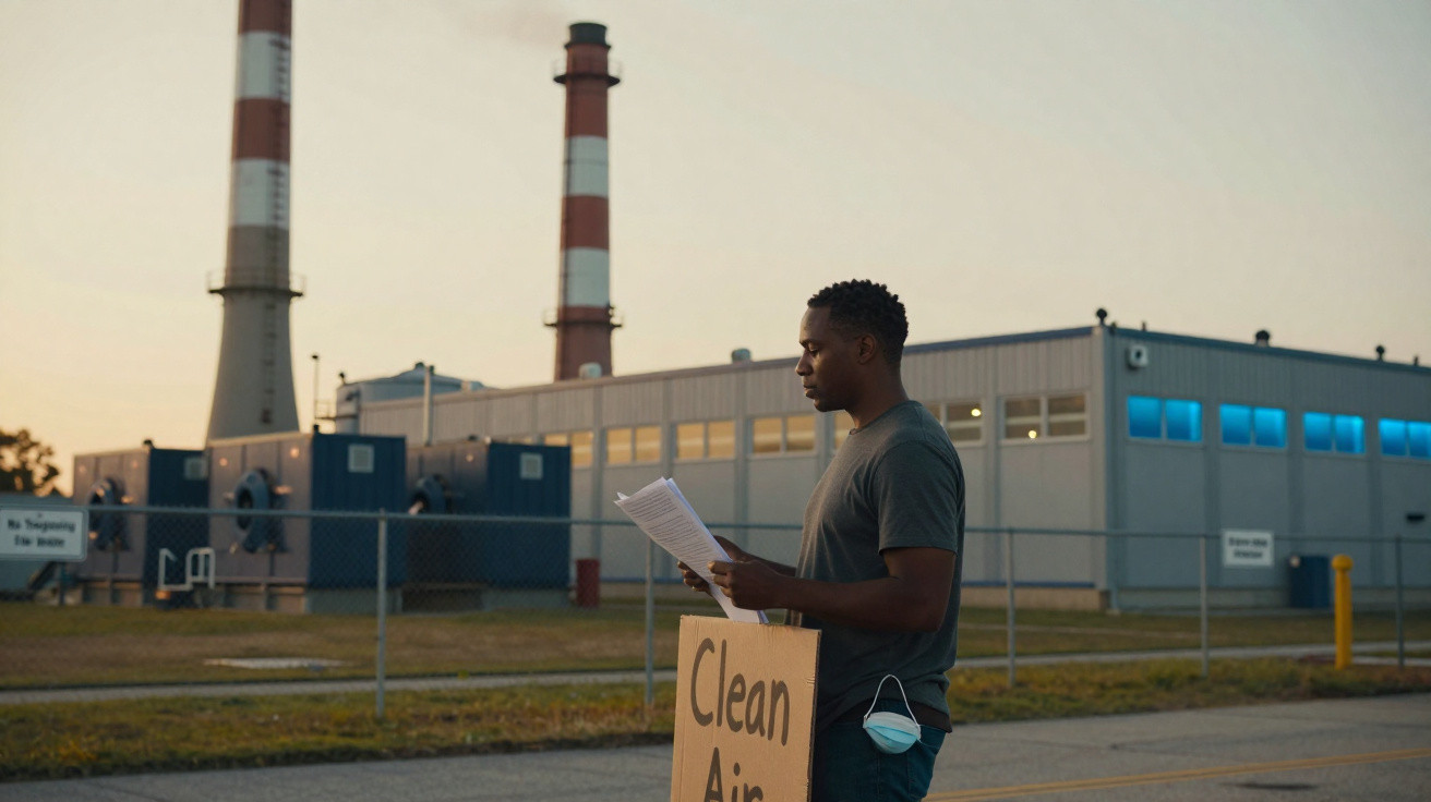 Mann mit Schild „Clean Air“ demonstriert vor Industrieanlage mit rauchenden Schornsteinen am Abend.