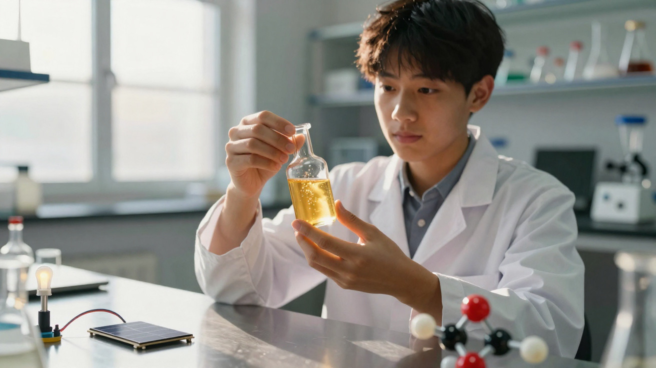 Junger Wissenschaftler im weißen Kittel untersucht eine Flüssigkeit in einem Laborfläschchen.