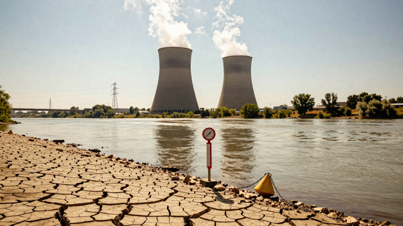 Zwei Kühltürme eines Kraftwerks an einem Fluss mit ausgetrocknetem, rissigem Flussufer im Vordergrund.