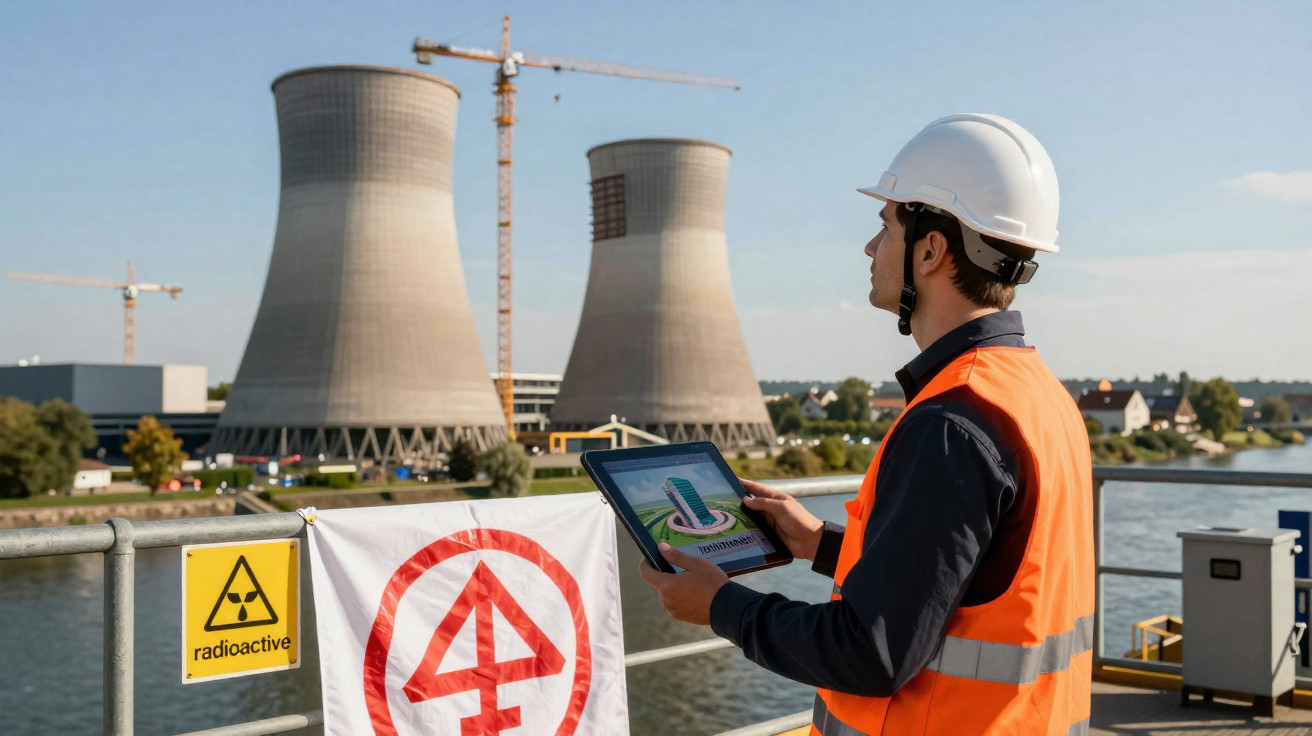 Ingenieur mit Helm und Warnweste betrachtet Atomkraftwerk mit Kühltürmen und Warnschild vor radioaktiver Gefahr