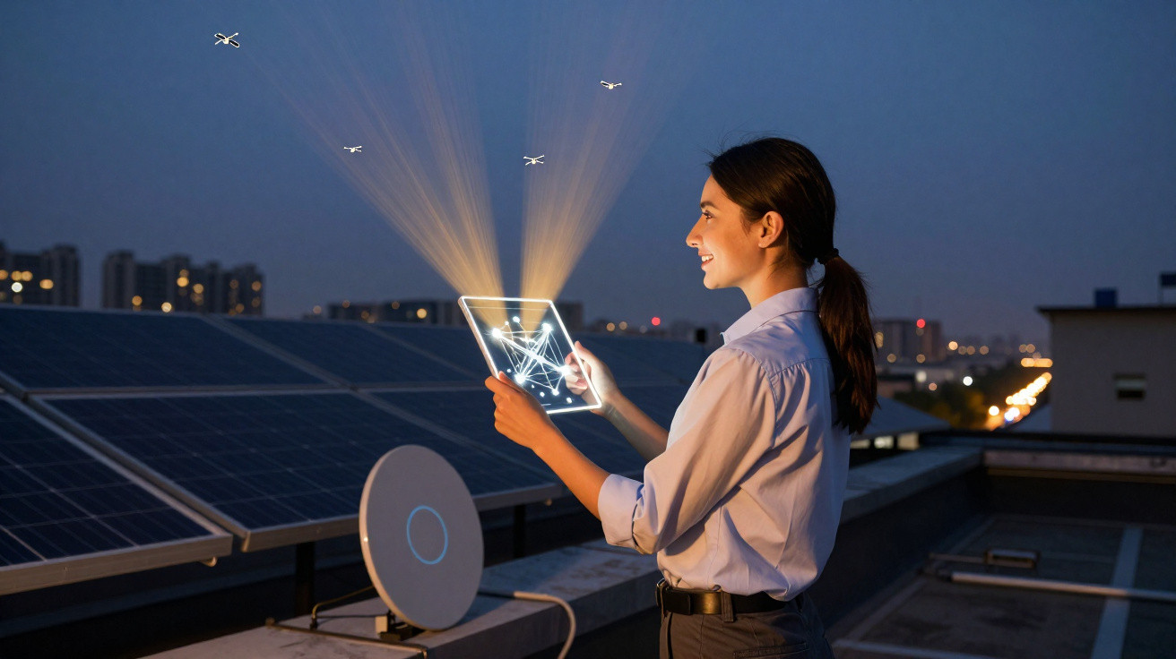 Frau nutzt Tablet mit digitaler Vernetzung vor Solarpanelen auf Dach bei Nacht in urbaner Umgebung.