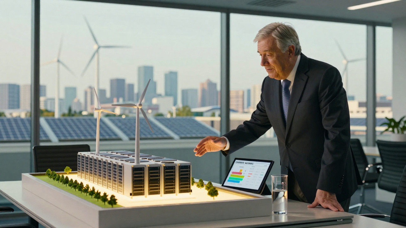 Älterer Mann im Anzug betrachtet Modell einer nachhaltigen Energieanlage mit Windrädern im Büro.