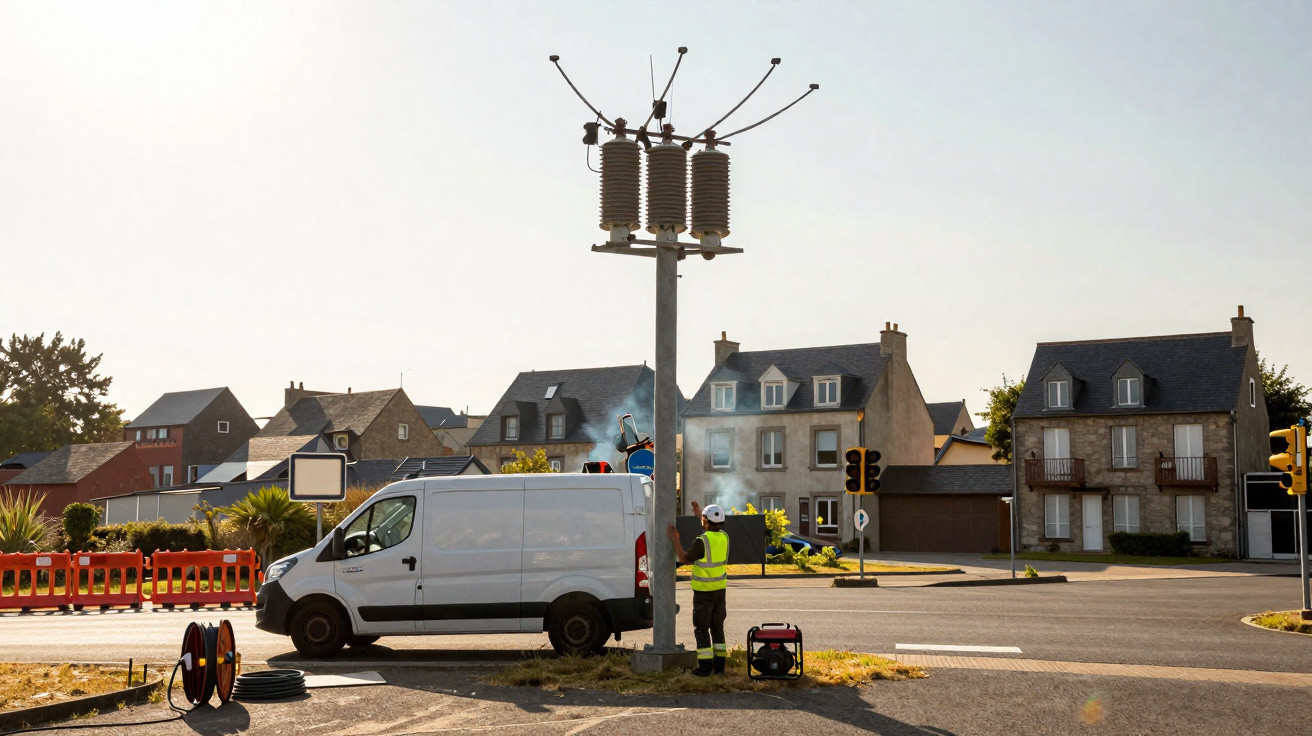 Arbeiter schweißt an elektrischem Mast neben weißem Transporter bei sonnigem Wetter in Wohngebiet.