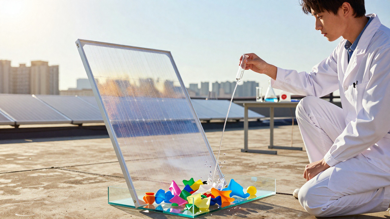 Ein Wissenschaftler testet eine Glasplatte mit bunten Plastikteilen und Tropfpipette auf einem Dach mit Solarpanelen.