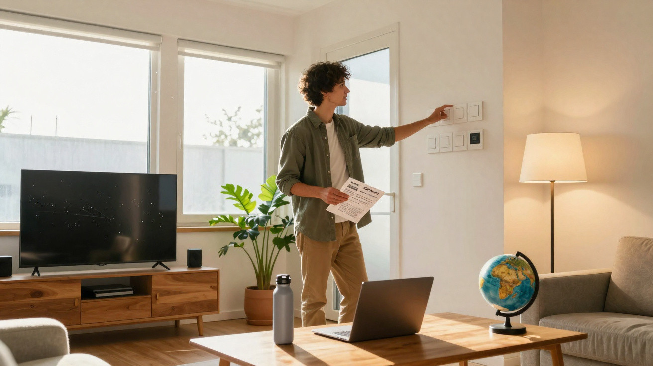 Junger Mann bedient Smart-Home-Steuerung im Wohnzimmer mit moderner Einrichtung und Tageslicht.