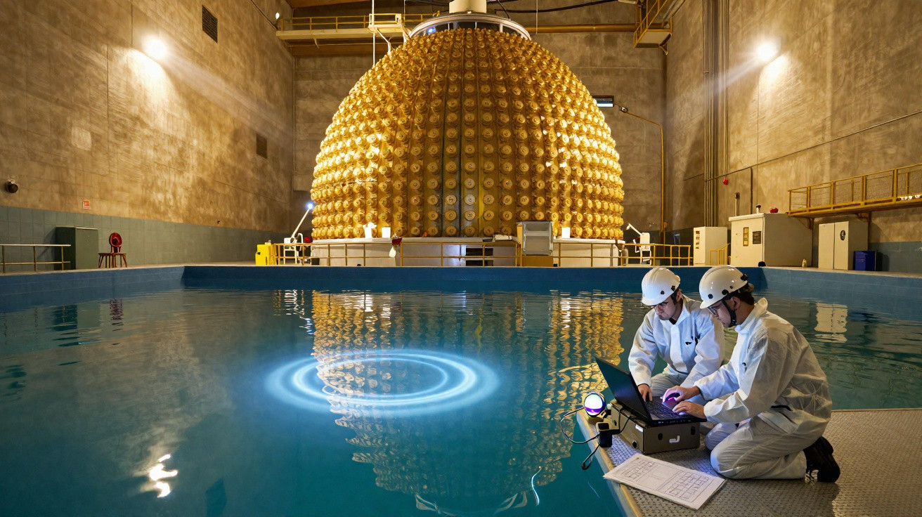 Ingenieure in Schutzanzügen arbeiten an einem Kontrollgerät neben einem Wasserbecken in einem Kernreaktorraum.