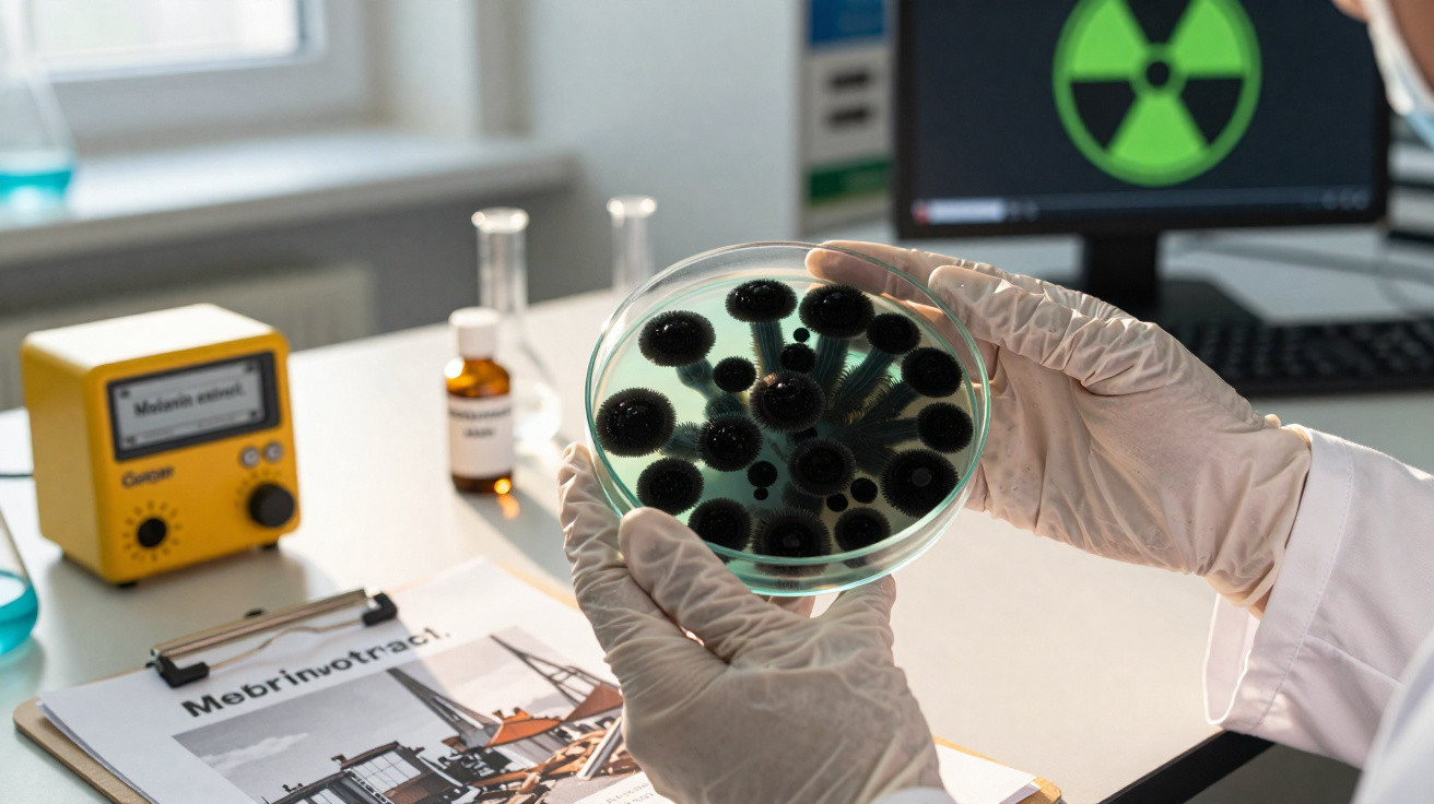 Laborant hält Petrischale mit schwarzem Schimmelpilz, Laborgerät und Warnsymbol für Radioaktivität im Hintergrund