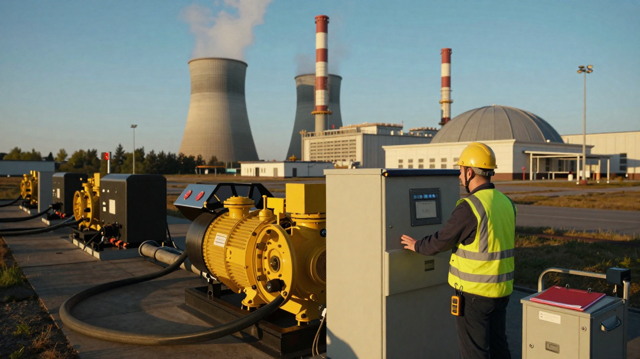 Techniker in Schutzhelm bedient Steuerung vor einer Anlage mit Kühltürmen und Schornsteinen im Kraftwerk.