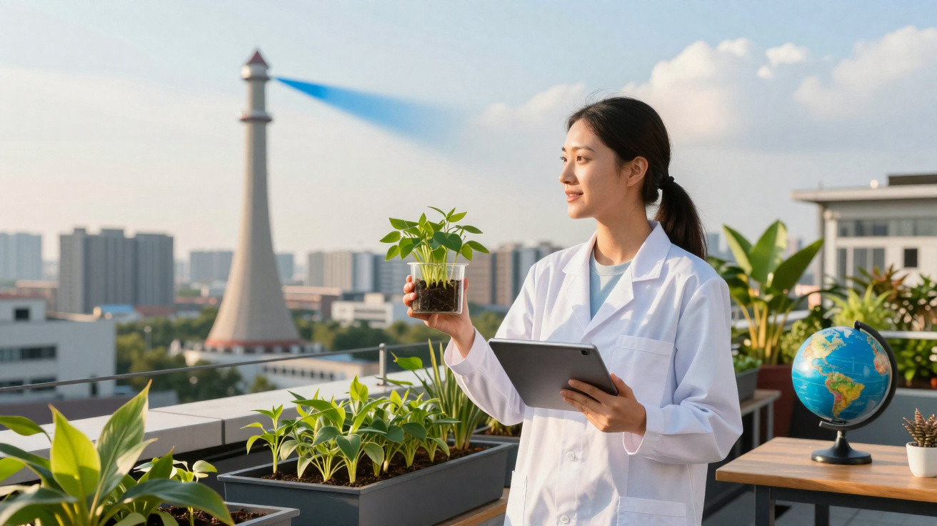 Wissenschaftlerin im weißen Kittel hält Pflanze auf Dachterrasse mit Stadt und Leuchtturm im Hintergrund.