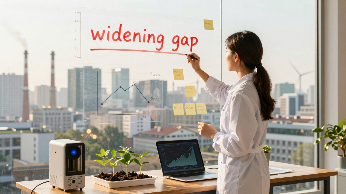Frau in weißem Kittel schreibt „widening gap“ auf Glaswand in Büro mit Stadtblick und Pflanzen auf Tisch.