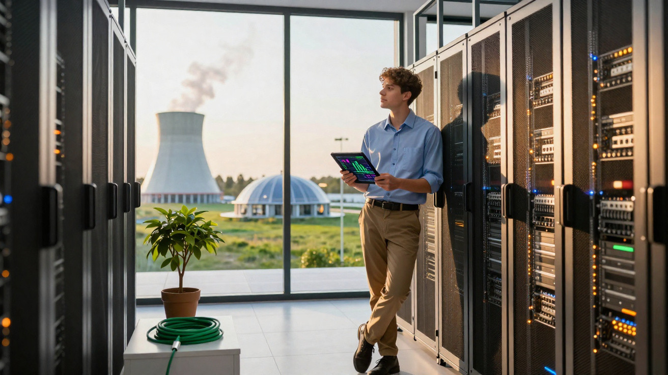 Mann mit Tablet steht in Serverraum vor großer Fensterfront mit Blick auf Kühlturm und Industrieanlage.