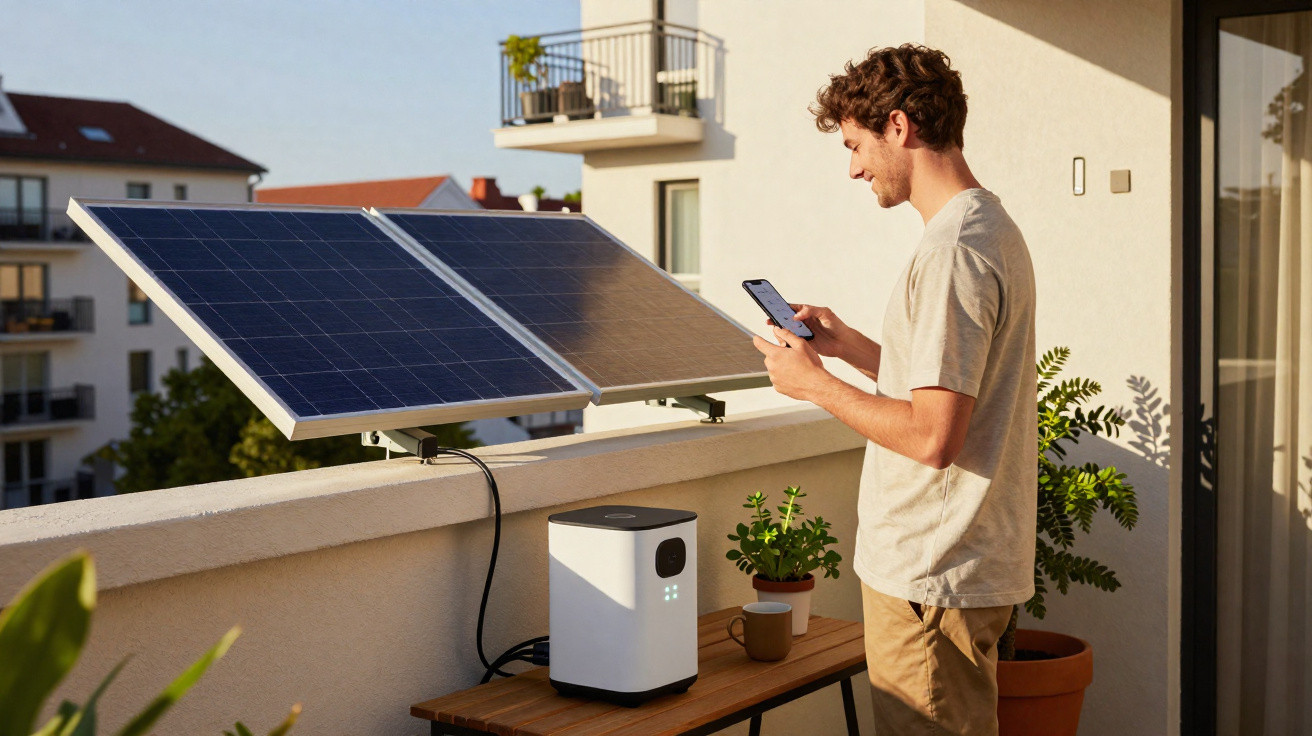 Junger Mann bedient mit Smartphone Solaranlage auf Balkon mit Akku und Pflanzen bei Sonnenschein.