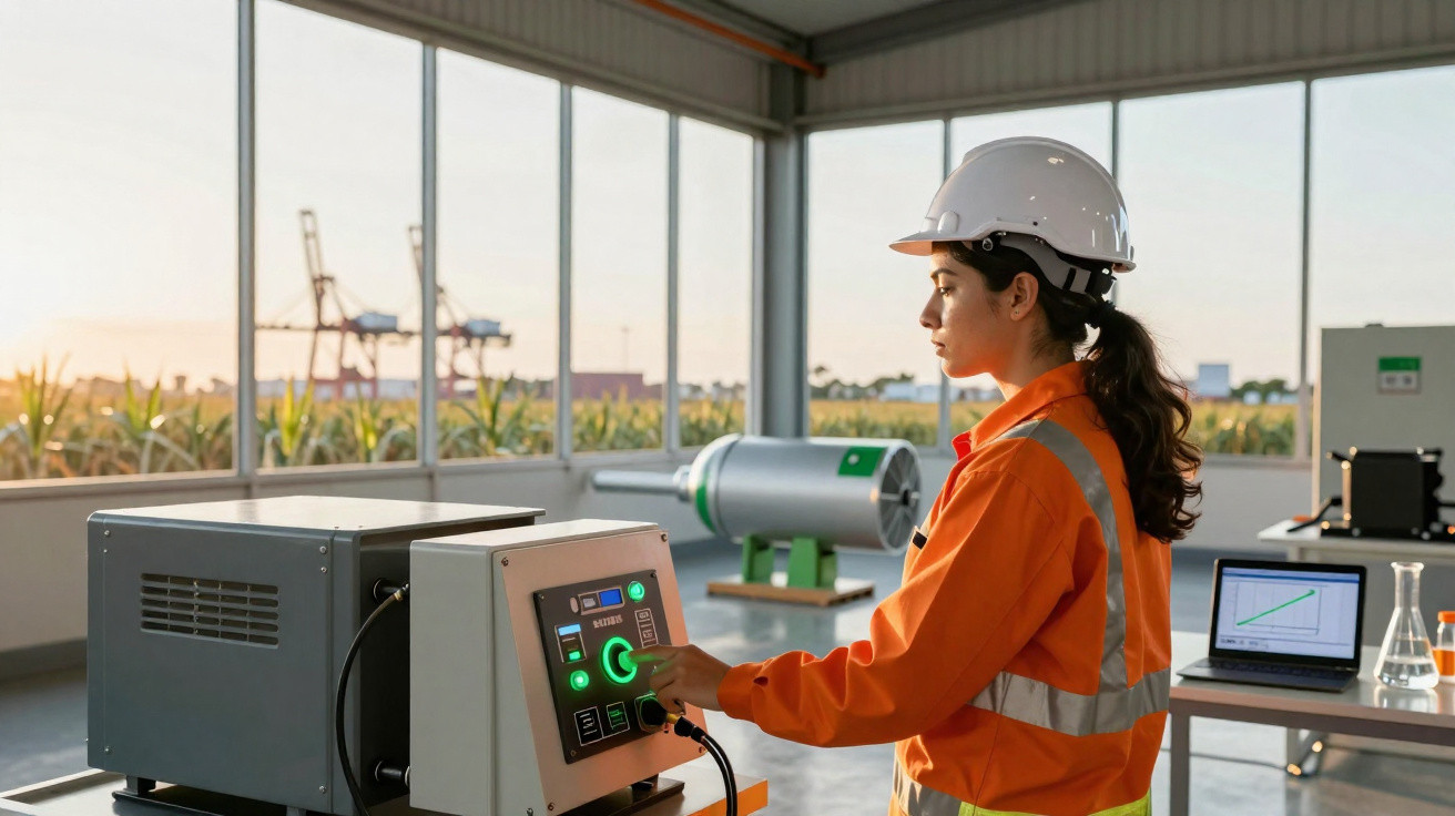 Ingenieurin in Schutzkleidung bedient Messgerät in moderner Industrieanlage mit Fensterblick auf Hafenanlage.