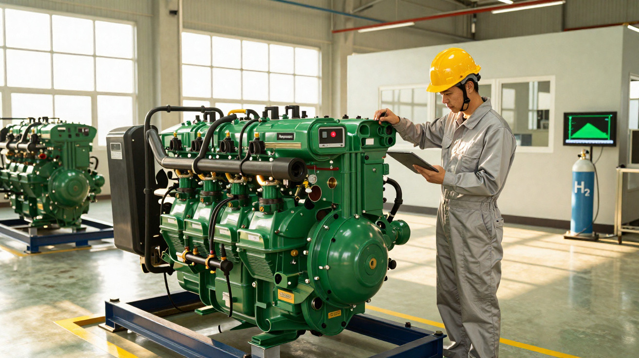 Techniker mit Helm prüft grünen Industriemotor in heller Werkhalle mit großem Fenster.