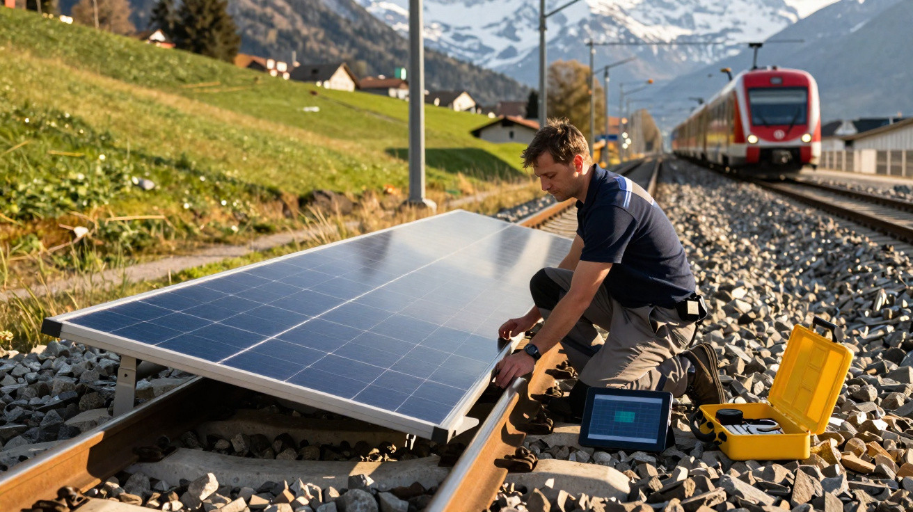 Mann installiert Solarpanel auf Bahngleisen, Zug im Hintergrund, Berglandschaft im Sonnenlicht