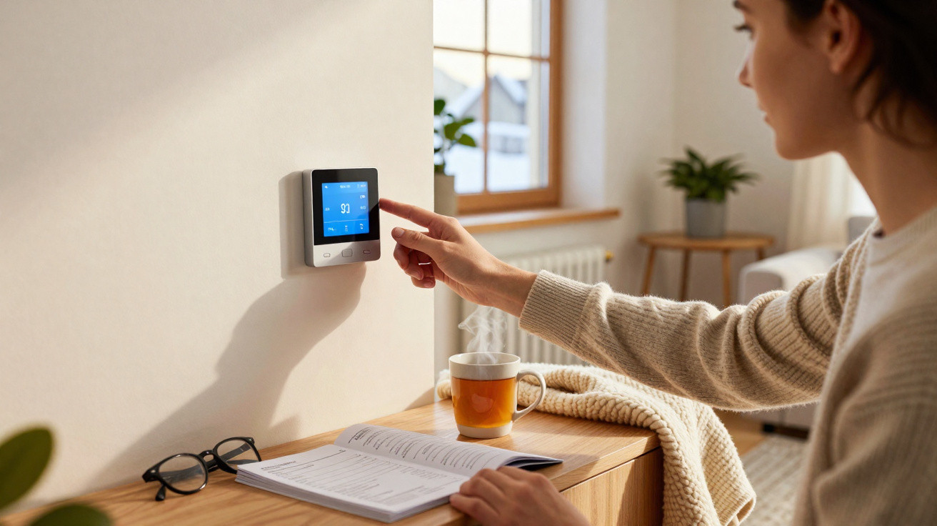 Frau stellt Heizthermostat an der Wand ein, neben Tisch mit Buch, Brille und dampfender Teetasse in hellem Raum.