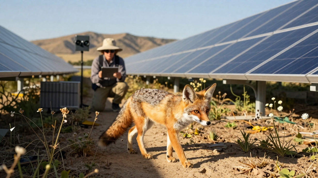 Fuchs läuft unter Solarpanelen, im Hintergrund Person mit Hut und Tablet in sonniger, trockener Landschaft.
