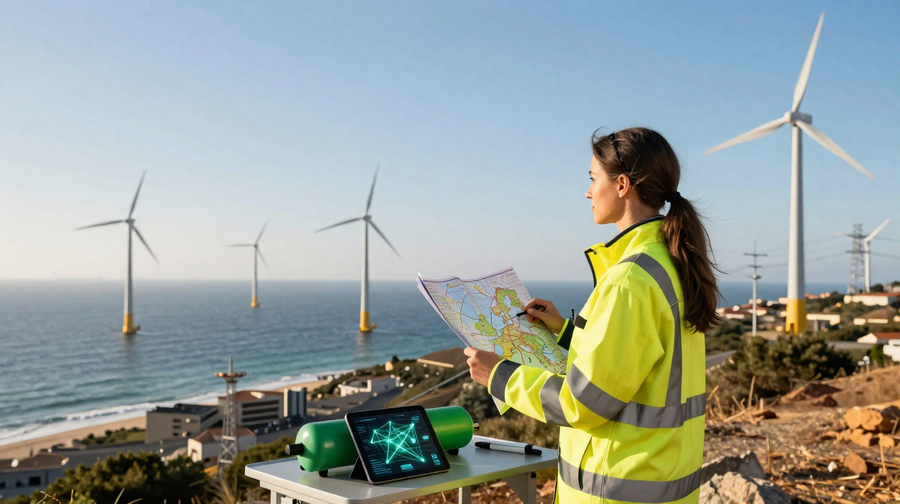 Frau in Warnweste mit Karte auf Hügel vor Offshore-Windpark am Meer, Planung und Technologie-Einsatz