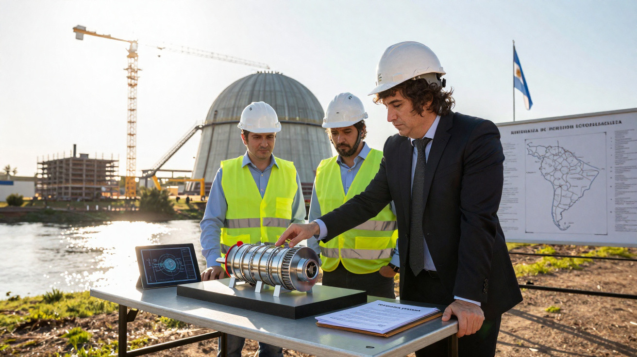 Drei Ingenieure in Helmen zeigen am Fluss eine Turbinenkomponente auf Baugelände mit Reaktor im Hintergrund.