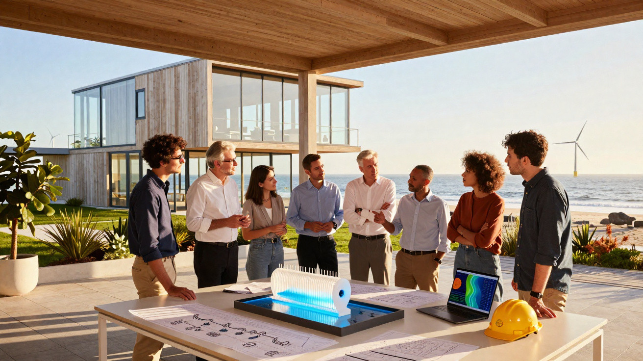 Sieben Personen diskutieren bei einer Architekturpräsentation auf einer Terrasse mit Meerblick.