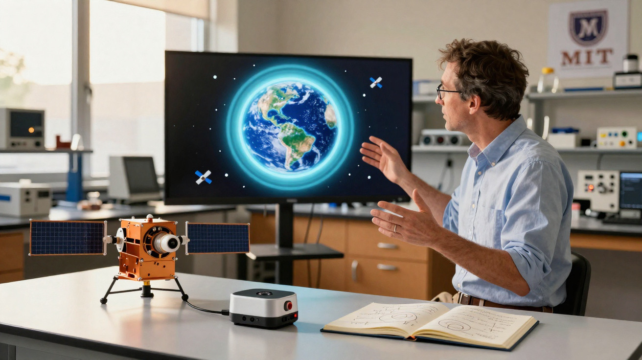 Mann erklärt Erdkugel mit Satellitenmodell und Diagrammen in einem Wissenschaftslabor.