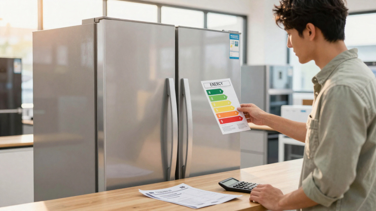 Mann prüft Energieeffizienzlabel eines silbernen Kühlschranks im Laden mit Taschenrechner auf Tisch.