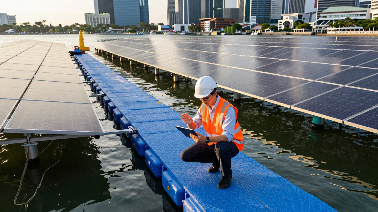 Techniker mit Helm und Warnweste prüft schwimmende Solaranlage auf Wasser in urbaner Umgebung.