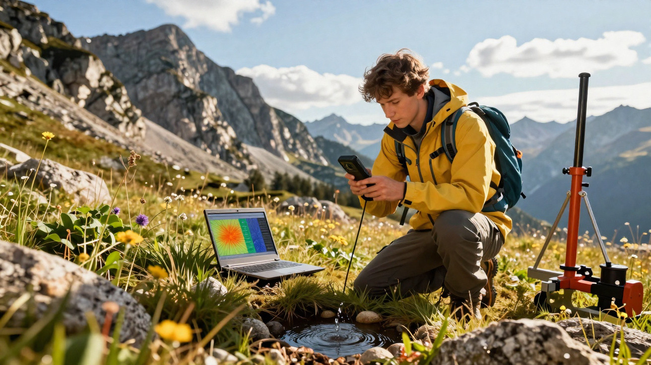 Junger Mann mit gelber Jacke misst Wasserqualität im Bergsee mit Laptop und Messgerät in Alpenlandschaft.