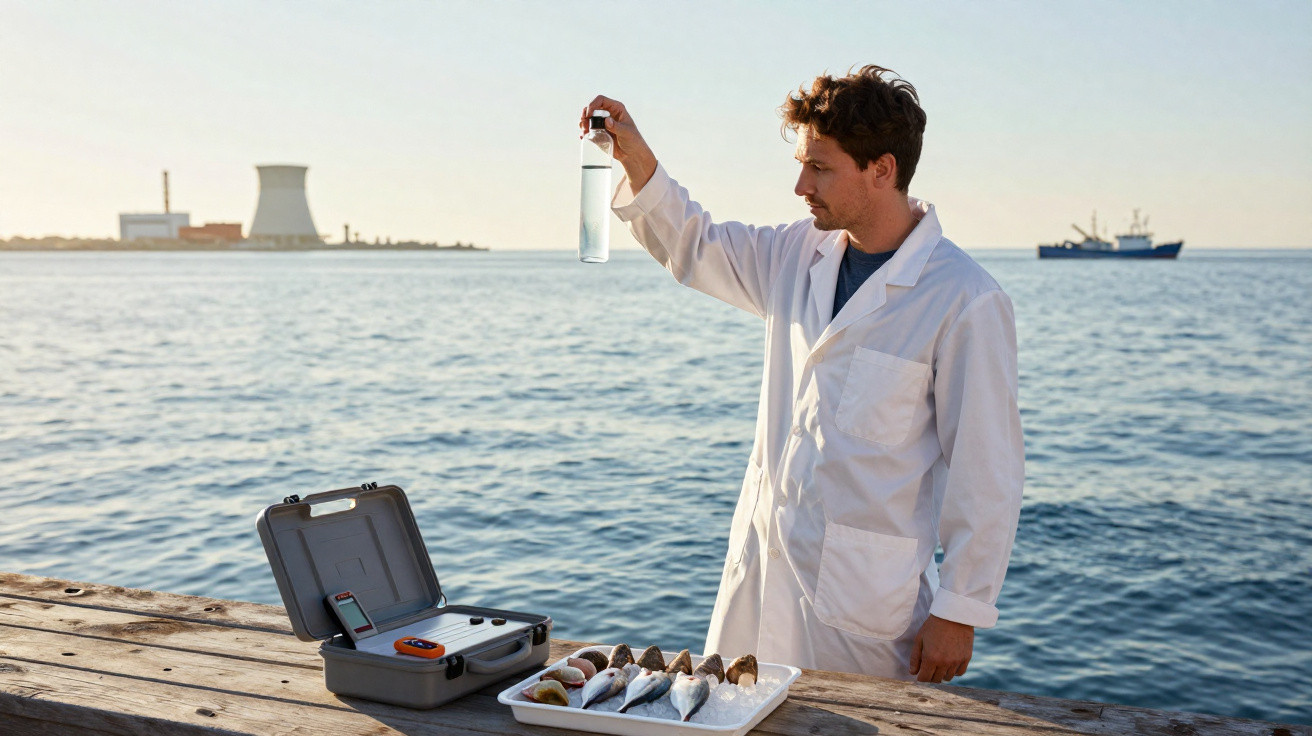 Wissenschaftler im weißen Kittel untersucht Wasserprobe am Meer mit Fischclip auf Holzpier im Hintergrund Kraftwerk.