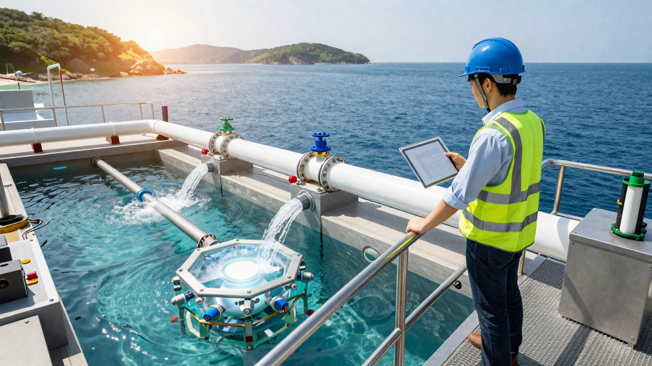 Ingenieur mit Helm und Warnweste überwacht Wasserströmung und Technologie an einer Meeresanlage bei sonnigem Wetter.