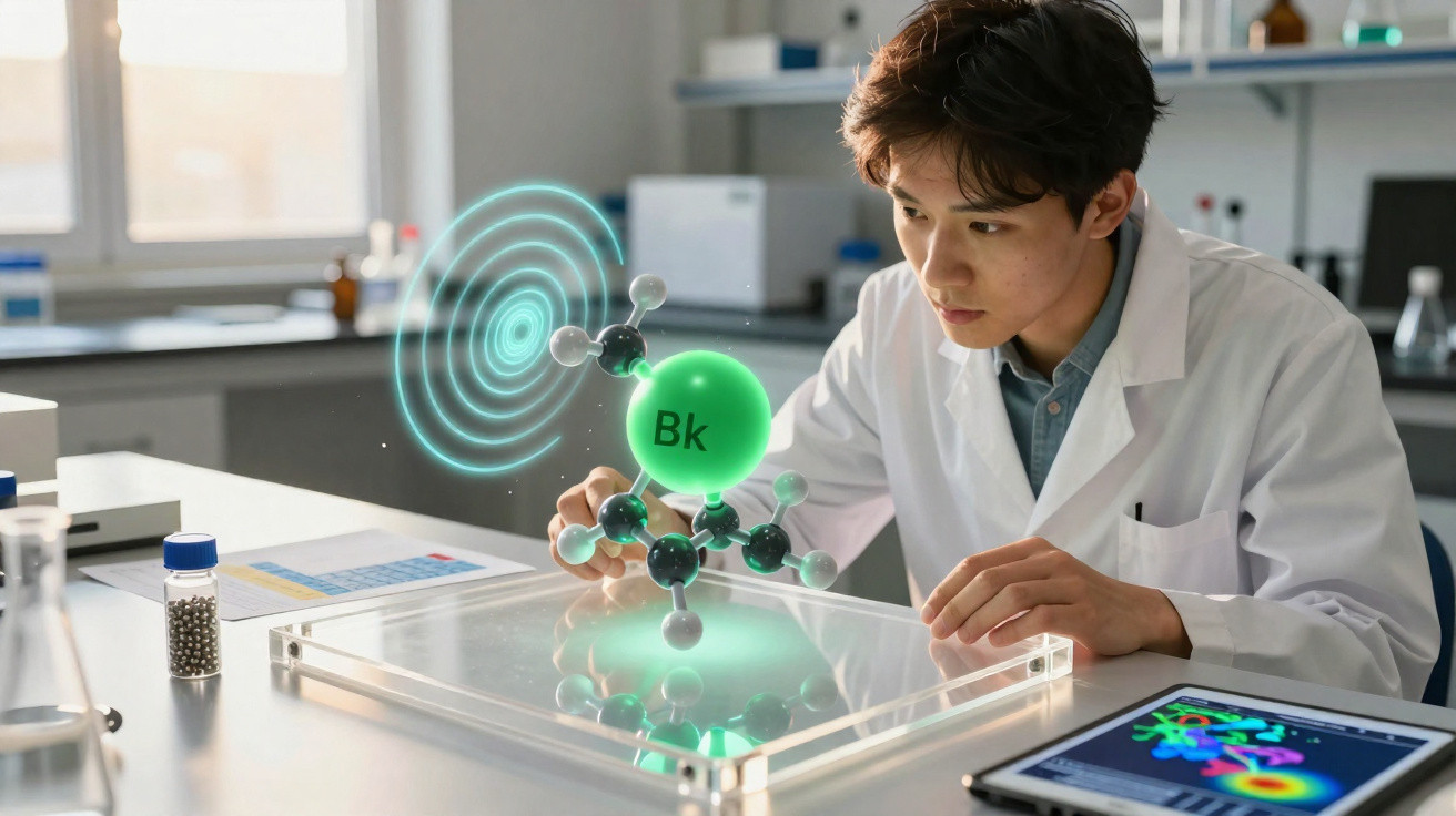 Wissenschaftler im Labor untersucht farbig leuchtendes Molekülmodell auf transparenter Platte.