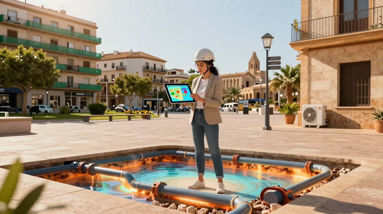 Frau mit Helm steht auf holografischem Rohrsystem in Stadt, hält Tablet mit buntem Display.