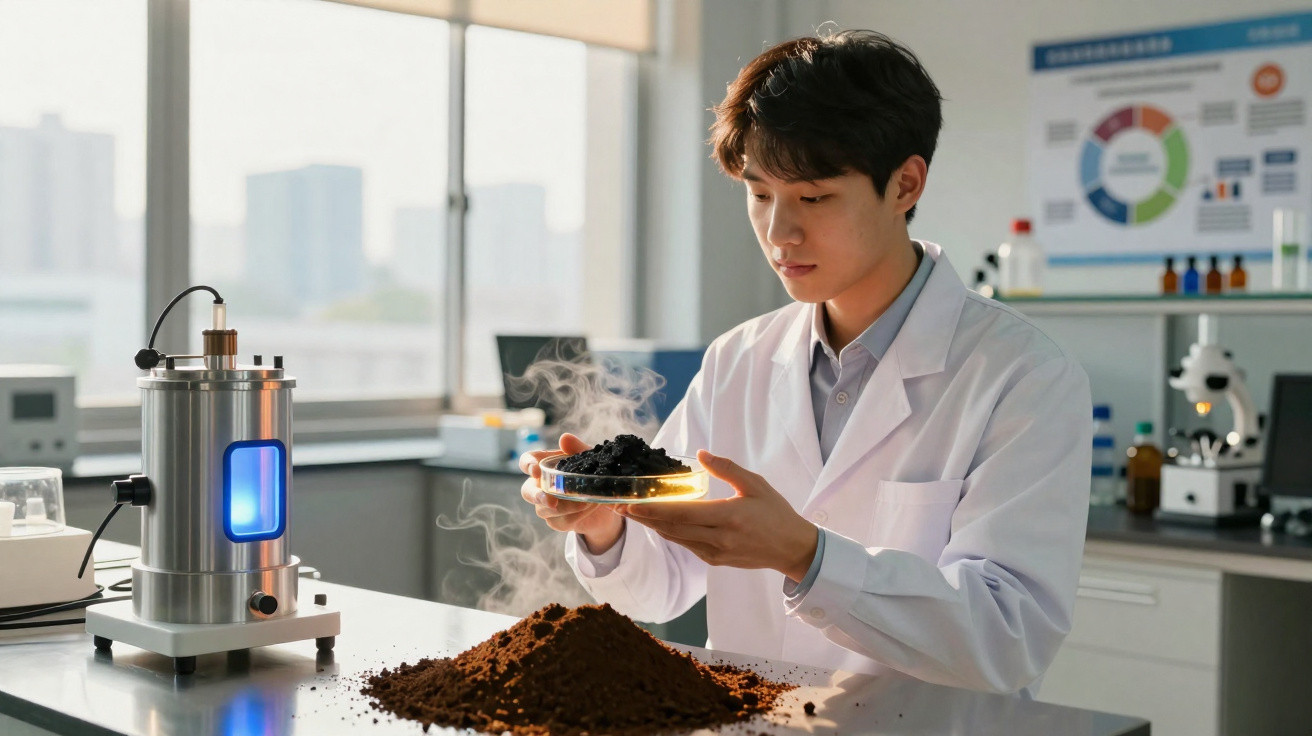 Wissenschaftler im Labor untersucht dampfende Probe aus Schale neben einem Haufen Erde auf dem Tisch.