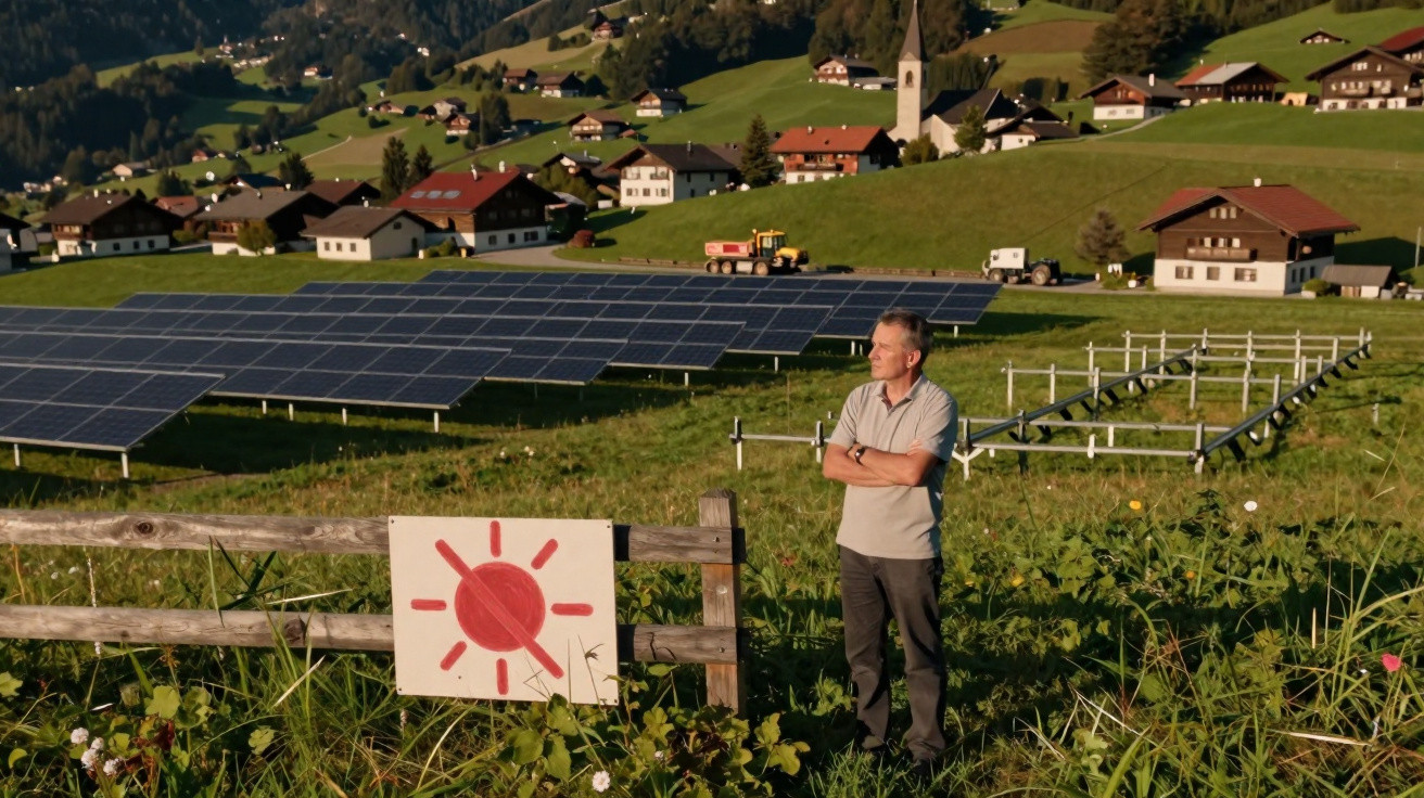 Mann steht auf Wiese neben Solaranlage in ländlichem Dorf mit Bergen und Bauernhöfen im Hintergrund.