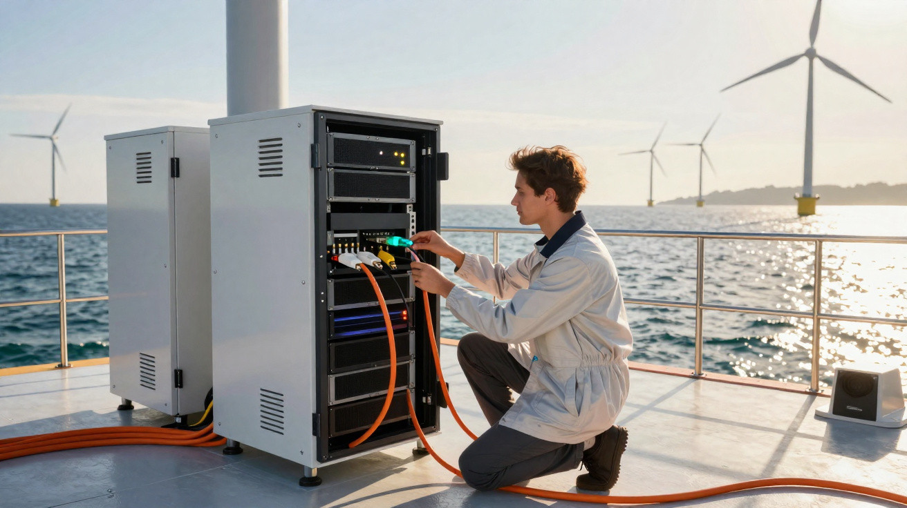 Techniker verbindet Kabel an Offshore-Windenergieanlage mit Blick auf Windräder und Meer im Sonnenlicht.