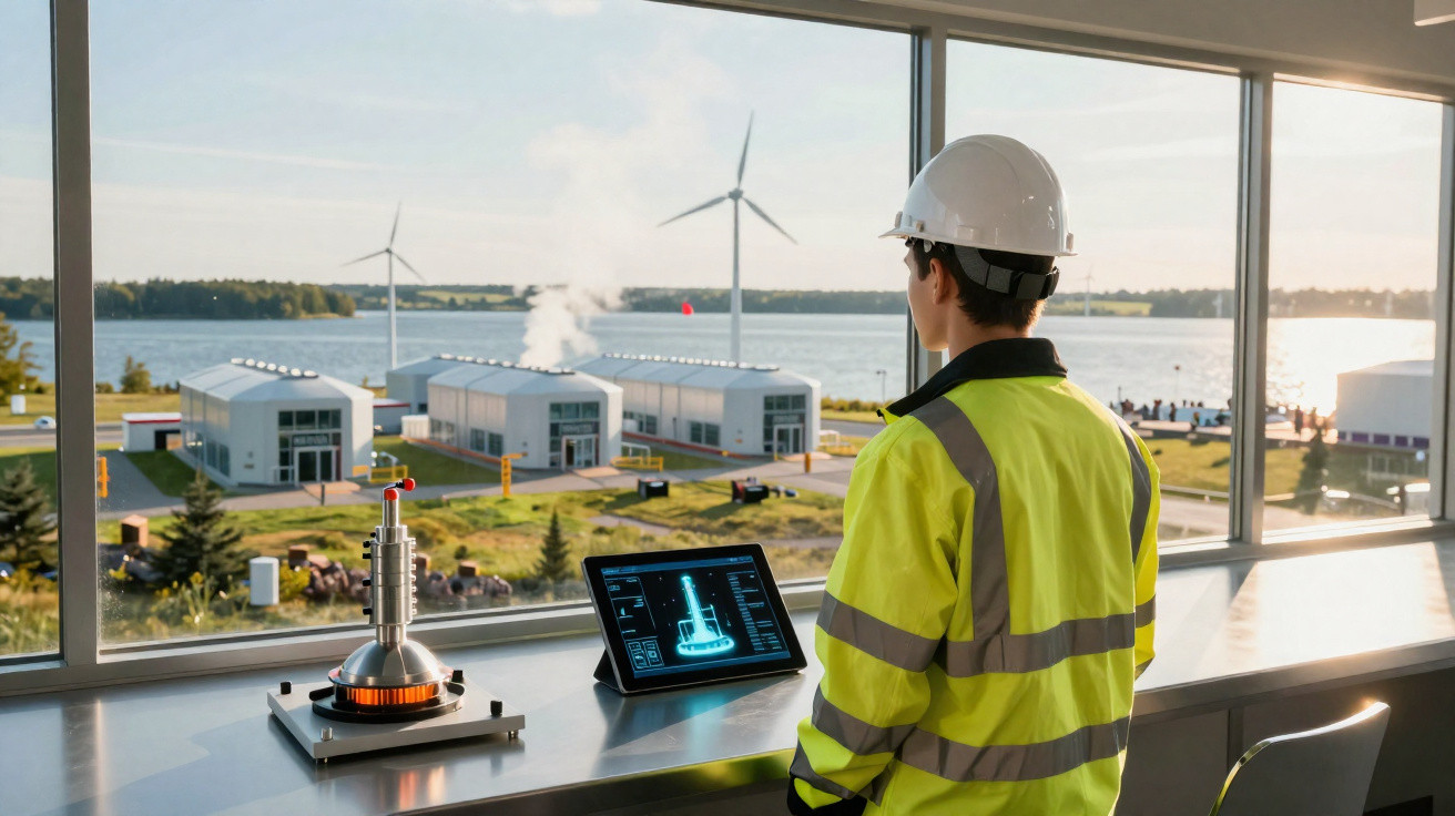 Ingenieur in Schutzkleidung beobachtet Windkraftanlagen und Industriegebäude mit digitalem Tablet im Kontrollraum.