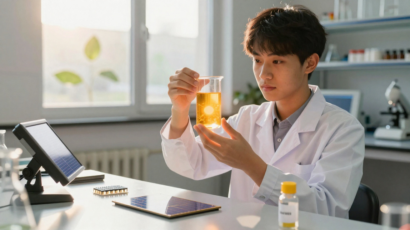 Junger Wissenschaftler im Labor untersucht Flüssigkeit in Reagenzglas vor Fenster mit Sonnenlicht.