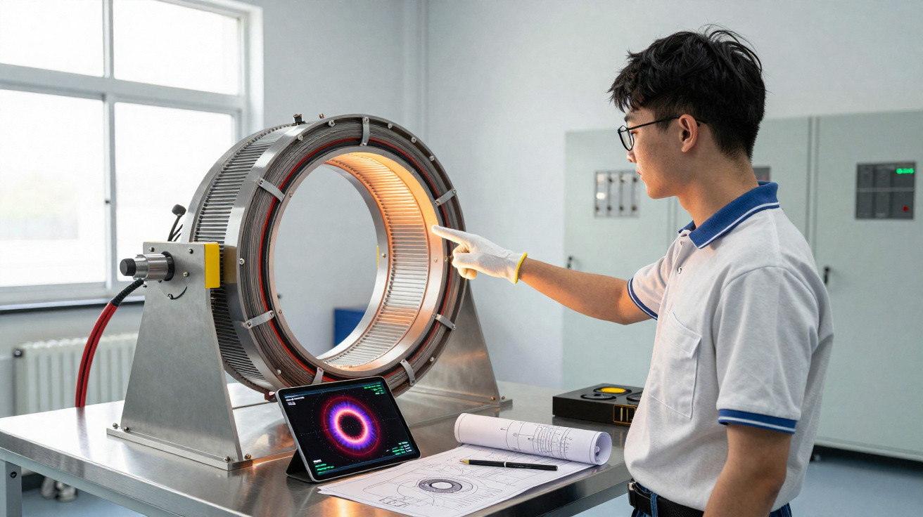 Techniker untersucht leuchtendes Ringmagnetfeld an modernem Gerät mit Tablet und technischen Zeichnungen auf Tisch.