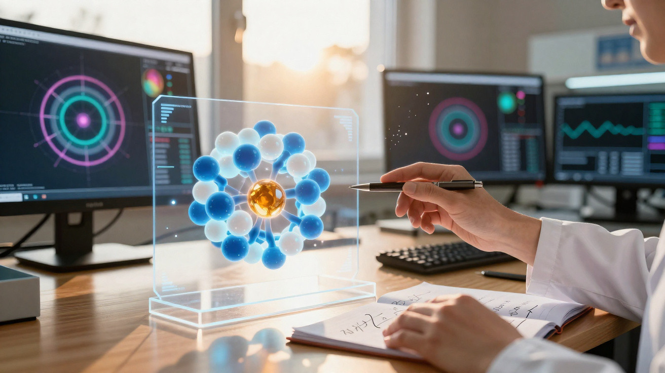 Forscher analysiert 3D-Atommodell auf transparentem Bildschirm vor mehreren Computerbildschirmen im Labor.