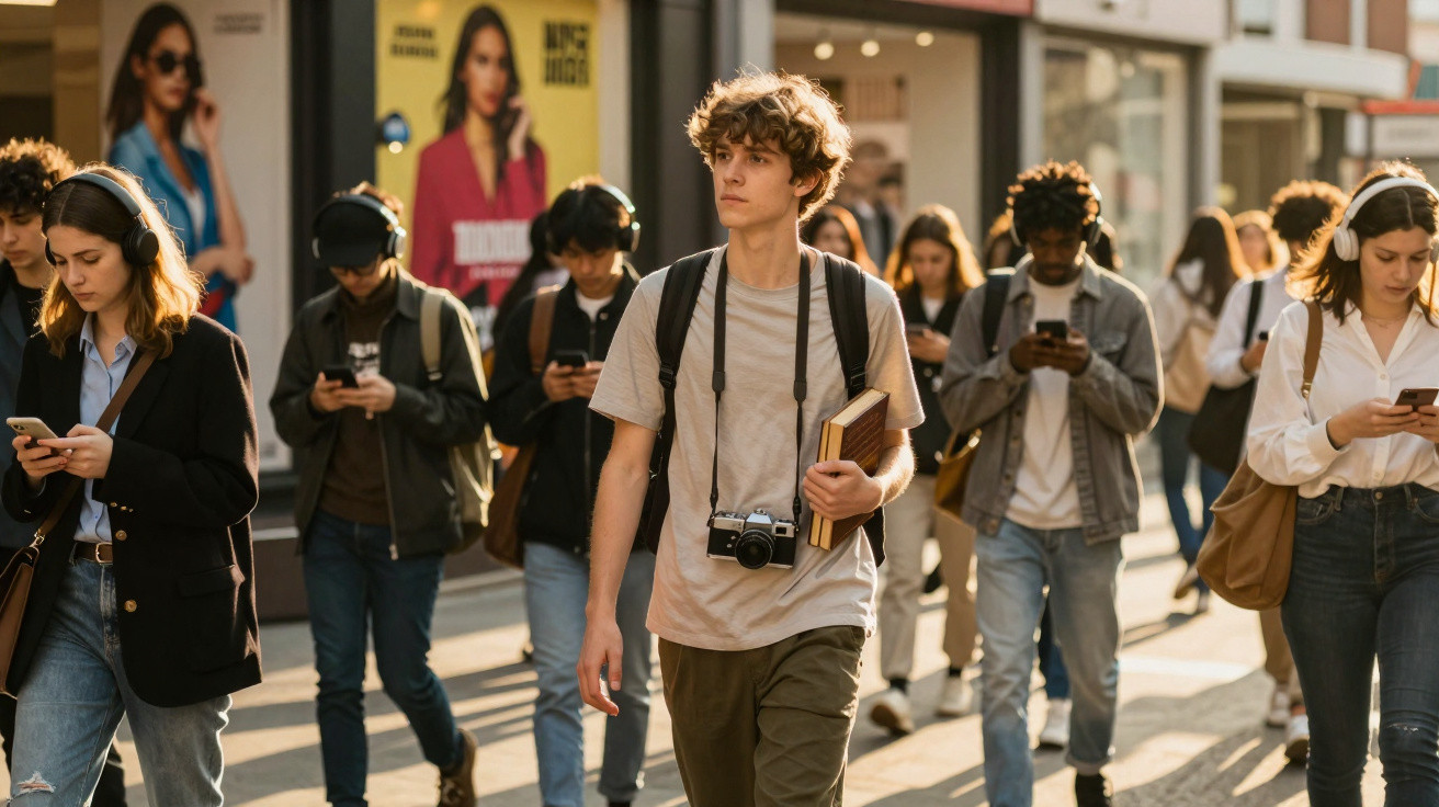 Junge mit Kamera und Büchern geht durch belebte Straße, viele Menschen mit Kopfhörern und Smartphones.