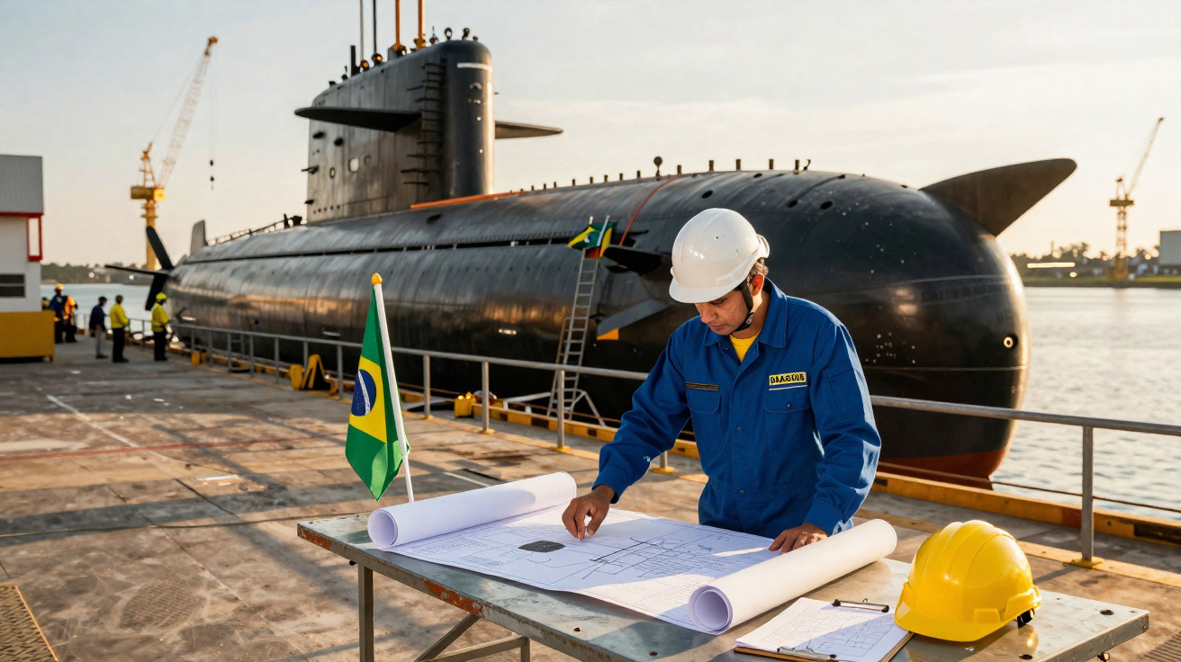 Mitarbeiter in Schutzhelm und Overall prüft Pläne vor U-Boot am Hafen mit brasilianischer Flagge.