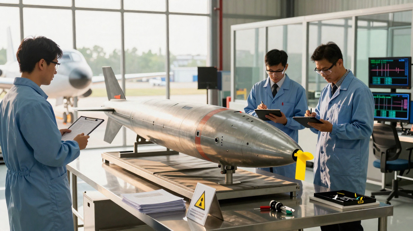 Drei Wissenschaftler in Laborkitteln untersuchen eine geladene militärische Torpedo-Bombe im Labor.